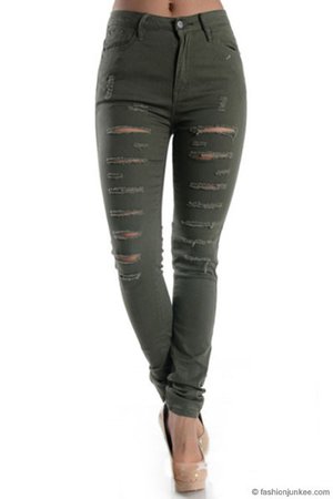 Stretch Mid-Rise Ripped Distressed Destroyed Skinny Jeans-Olive Green