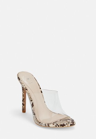 Beige Snake Print Clear Pointed Mules | Missguided