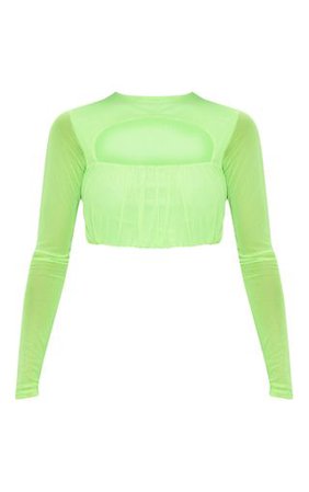 Neon Lime Mesh Long Sleeve Top | Tops | PrettyLittleThing
