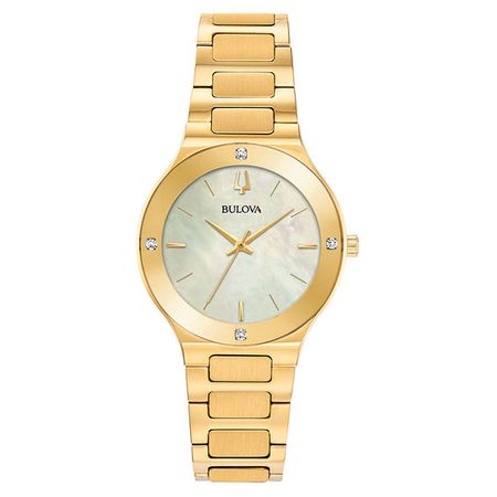 Ladies' Bulova Futuro Millenia Diamond Accent Gold-Tone Watch with Mother-of-Pearl Dial (Model: 97R102) | Online Exclusives | Collections | Zales