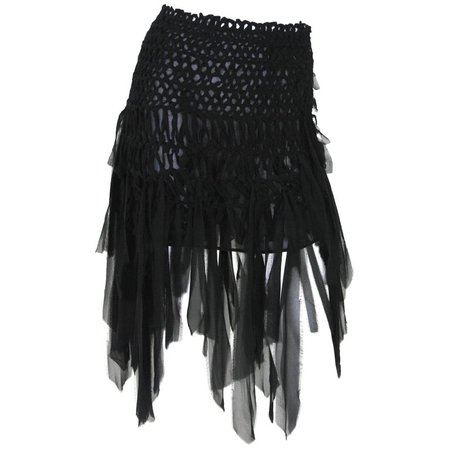 Tom Ford for Yves Saint Laurent Mini Black Silk Woven Fringe Skirt, S / S 2002 For Sale at 1stdibs