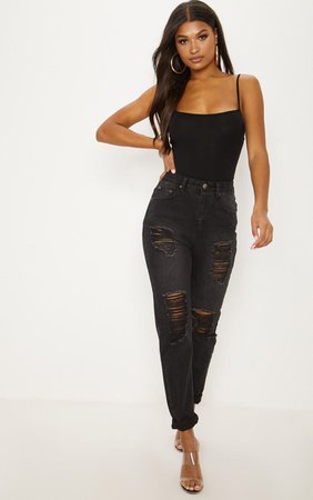Washed Black Ripped Turn Up Mom Jeans | PrettyLittleThing USA