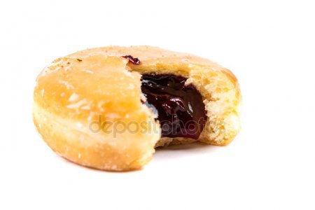 A frosted jelly filled donut with a bite out of it — Stock Photo © Ecummings00 #134789370