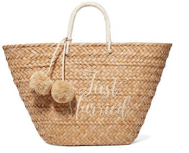St Tropez Pompom-embellished Embroidered Woven Straw Tote - Sand