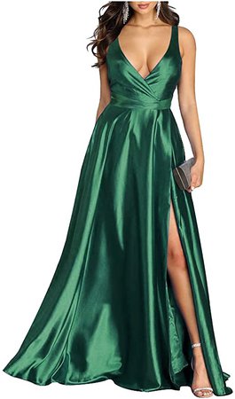 L'VOW Women's Sexy Satin Deep V Neck Sleeveless Wrap Maxi Backless Evening Cocktail Dress (Dark Green, XS) at Amazon Women’s Clothing store