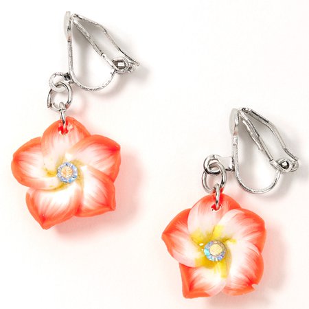 Hibiscus 1" Clip On Drop Earrings - Orange | Claire's