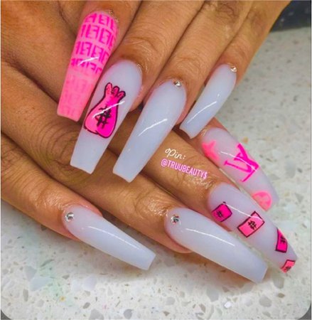 White and Pink Fendi/LV Nails