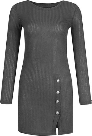 Amazon.com: FOVIGUO Women Casual Knitted Long Sleeve Sweater Dress Side Slit Button Sexy Slim Bodycon Hip Mini Dresses Dark Gray : Clothing, Shoes & Jewelry
