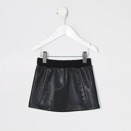 Mini girls black faux leather scallop skirt | River Island