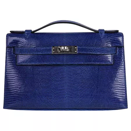Hermes Pochette Kelly Bag Blue Sapphire Lizard Clutch Palladium Hardware For Sale at 1stDibs