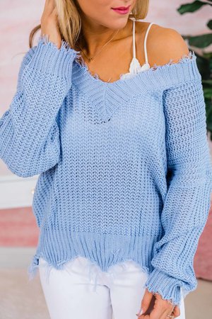 Commitment To Cool Light Blue Distressed Sweater - Pink Lily