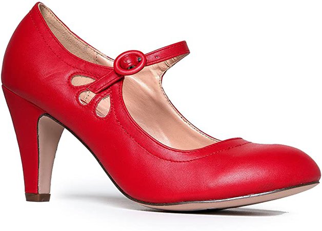 Mary Jane Pumps - Low Kitten Heels - Vintage Retro Round Toe Shoe With Ankle Strap