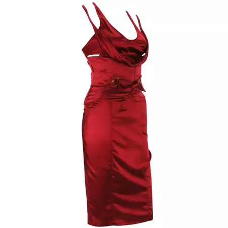 Tom Ford for Gucci F/W 2003 Ruby Red Corset Belt Silk Dress It. 40 - 4 For Sale at 1stDibs