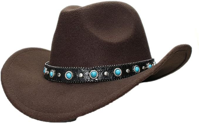 Western Cowgirl Hat Child/Adult Retro Wool Cowboy Hat Felt Wide Brim Fedora Cap Turquoise Bead Retro Leather Band at Amazon Men’s Clothing store