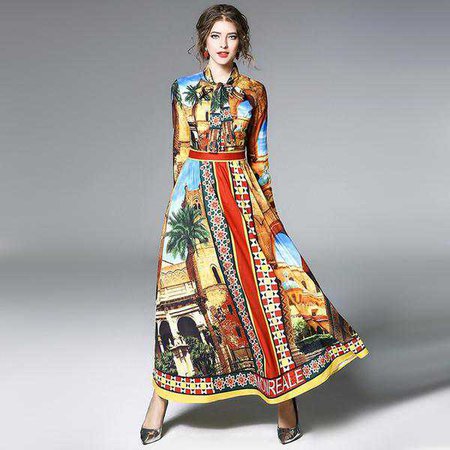 Formal Dresses | Shop Women's Bow Tie Long Sleeve Maxi Dress at Fashiontage | cd793cad-0-color-multicolor-size-s