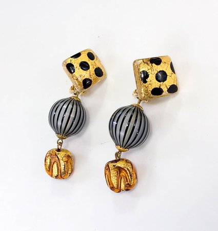 1980s Gold & Black Glass Earrings Murano Glass Dangle | Etsy