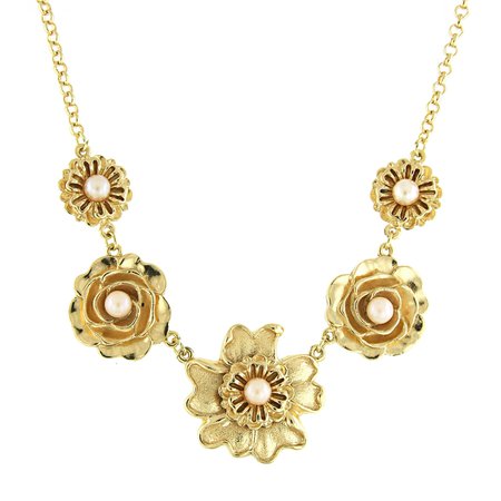 1928 Jewelry Gold-Tone Pink Costume Pearl Flower Collar Necklace