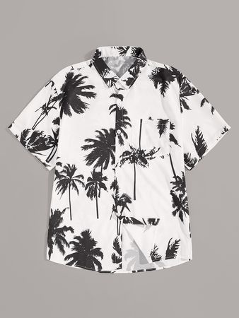 Guys Coconut Trees Print Curved Hem Shirt | ROMWE
