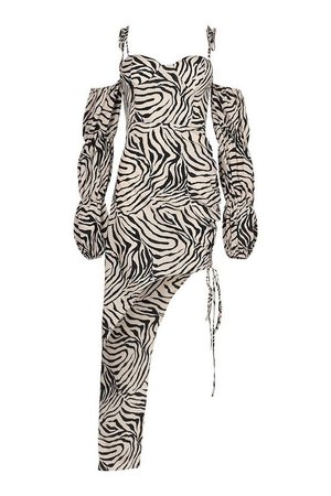 Tiger Print Ruched Asymmetric Midi Dress | boohoo stone