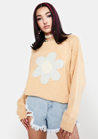 Daisy Print Knit Sweater -Orange/Apricot | Dolls Kill