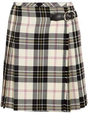 Buckled Pleated Checked Wool Wrap Skirt