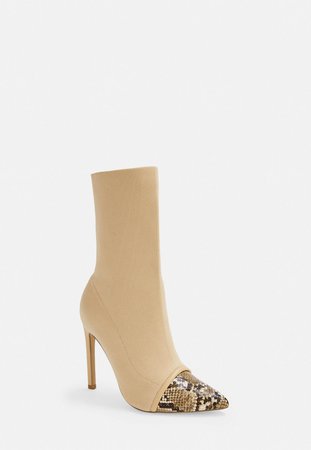 Nude Snake Toe Cap Knitted Ankle Boots | Missguided
