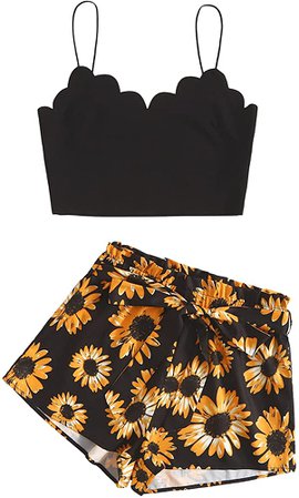 SheIn Women's Floral Twopiece Sleeveless Halter Lace Cami Crop Top and Short Set Black Sunflowers Small at Amazon Women’s Clothing store