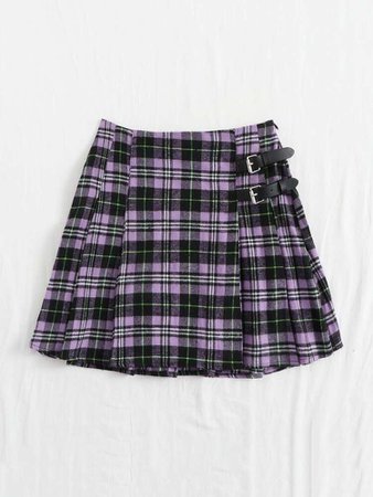 Plaid Buckled Pleated Mini Skirt | SHEIN USA