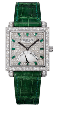 A Pierre Kunz white gold, diamond and emerald-set square wristwatch