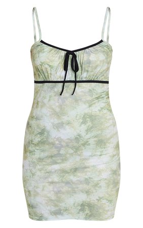 Sage Green Tie Dye Strappy Tie Front Shift Dress | PrettyLittleThing
