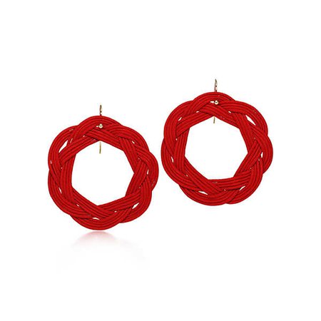 Elsa Peretti™ Circle hook earrings of red woven silk and 18k gold. | Tiffany & Co.