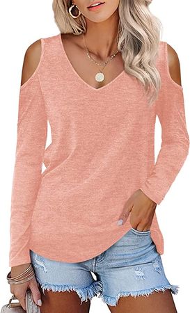 Amoretu Womens Long Sleeve Cold Shoulder Basic Tee Tops Shirts (Cream,S) at Amazon Women’s Clothing store