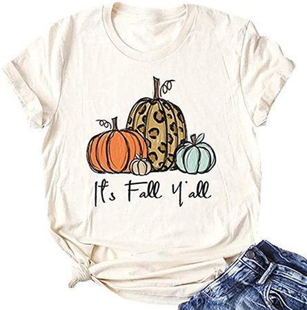 It's Fall Y'all Thanksgiving Shirts Women Funny Pumpkin Short Sleeve Letter Top Graphic Tees (Cream, L) at Amazon Women’s Clothing store