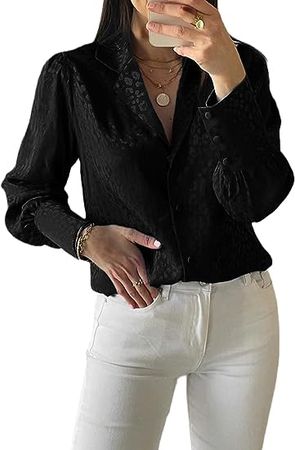 Astylish Womens Satin Embossed Lantern Sleeve Blouse Button Down Shirts V Neck Tops at Amazon Women’s Clothing store