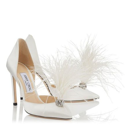 Ivory Satin Pointy Toe Pumps with Crystals and Fascinator Feathers | LIZ 100 | Cruise 19 | JIMMY CHOO