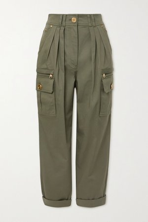 Army green Pleated cotton-blend twill cargo pants | Balmain | NET-A-PORTER