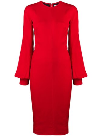 Red Victoria Beckham Slash Sleeve Fitted Midi Dress | Farfetch.com