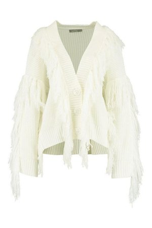 Tassel Fringe Knit Oversized Cardigan | Boohoo white