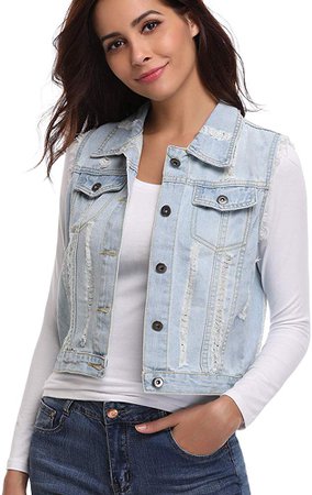 Jean Vest for Women Distressed Classic Button Sleeveless Denim Jacket Light Blue M at Amazon Women's Coats Shop