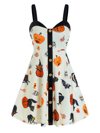 Halloween Pumpkin Print Button Cami A Line Dress