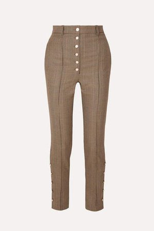 Button-embellished Checked Wool Skinny Pants - Brown