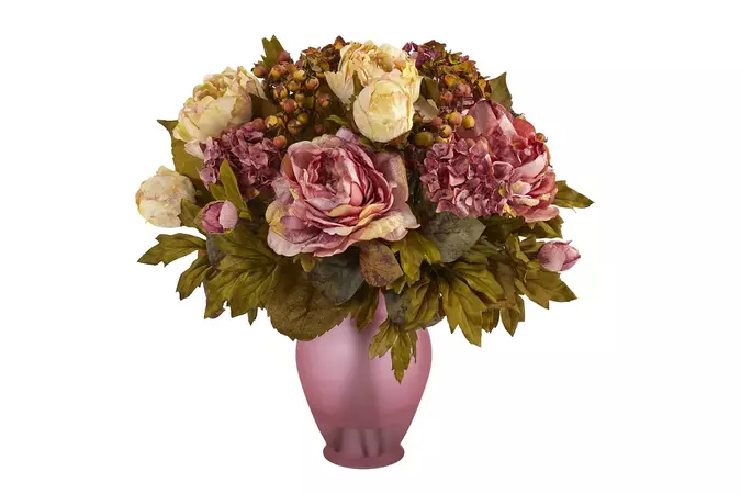 16" Peony Artificial Arrangement in Rose Colored Vase | Ashley