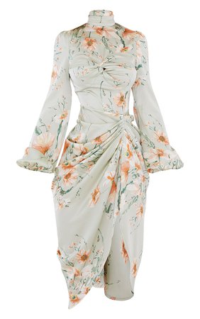 Sage Green Floral Twist Bust Draped Midi Dress | PrettyLittleThing USA