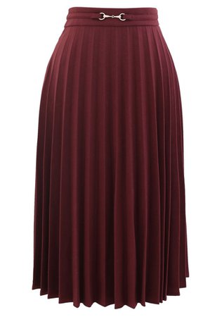 Horsebit Trims Wool-Blend Pleated Midi Skirt in Red - Retro, Indie and Unique Fashion