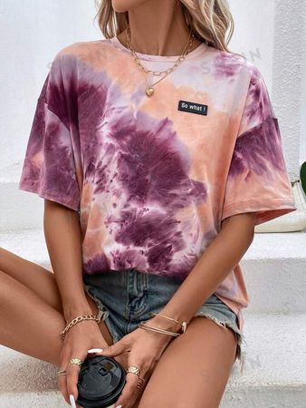 SHEIN LUNE Tie Dye Letter Patched Detail Drop Shoulder Tee | SHEIN