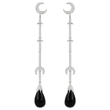 18K White Gold Half Moon Crescent Drop Dangle Earrings w/Black Onyx and Diamonds For Sale at 1stDibs