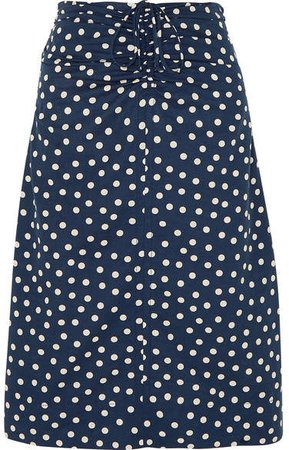 Kiera Ruched Polka-dot Cotton And Linen-blend Skirt - Blue