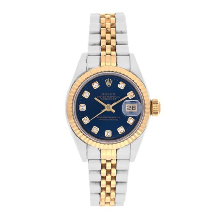 ROLEX Stainless Steel 18K Yellow Gold Diamond 26mm Oyster Perpetual Datejust Watch Blue Vignette 79173 956901 | FASHIONPHILE