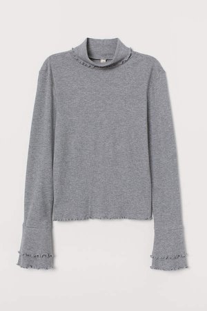 Ribbed Jersey Turtleneck Top - Gray
