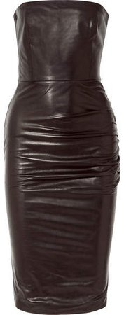 Strapless Ruched Leather Dress - Black